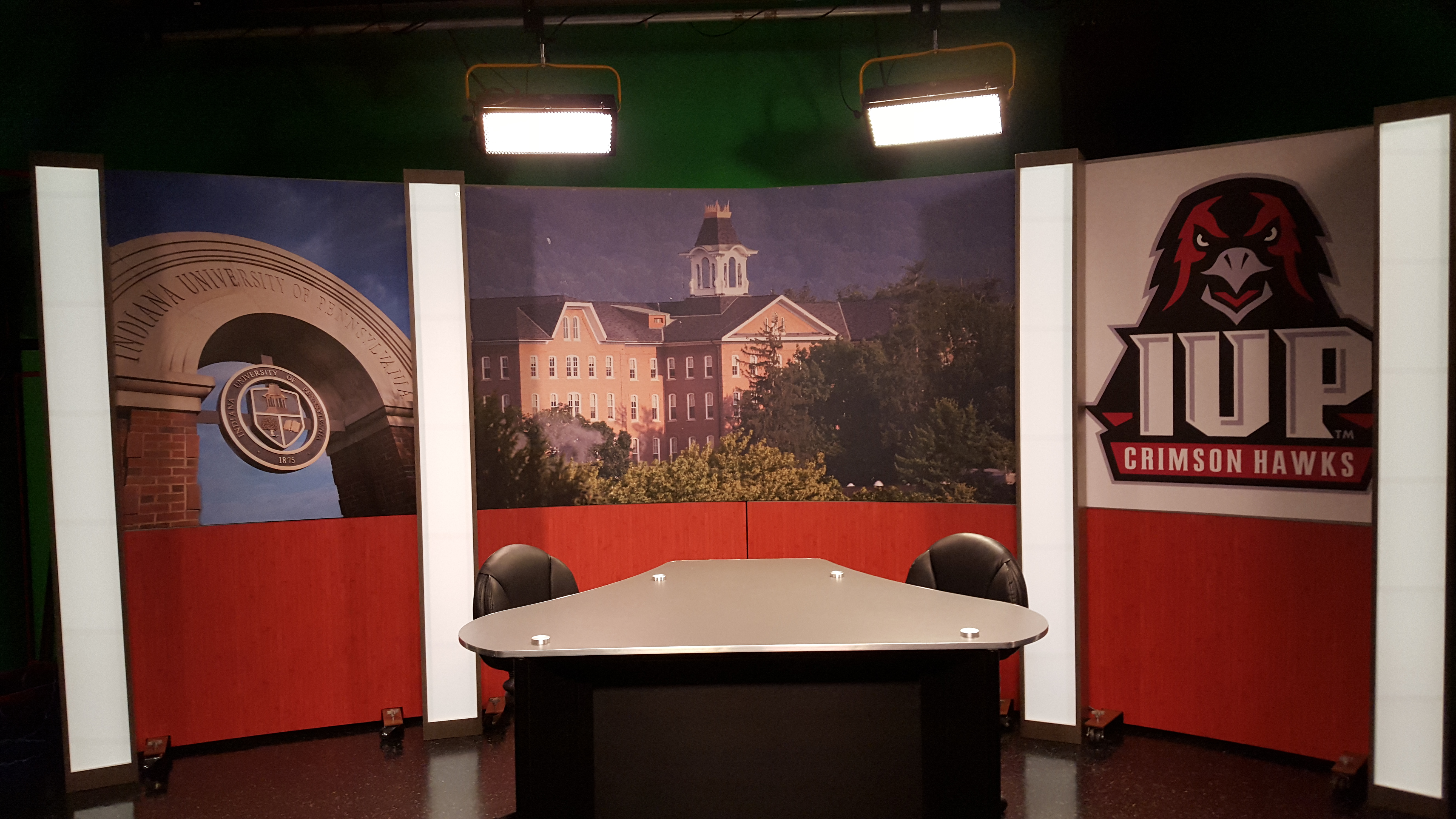 IUP Student broadcast production interview news desk and set background for student broadcasting productions