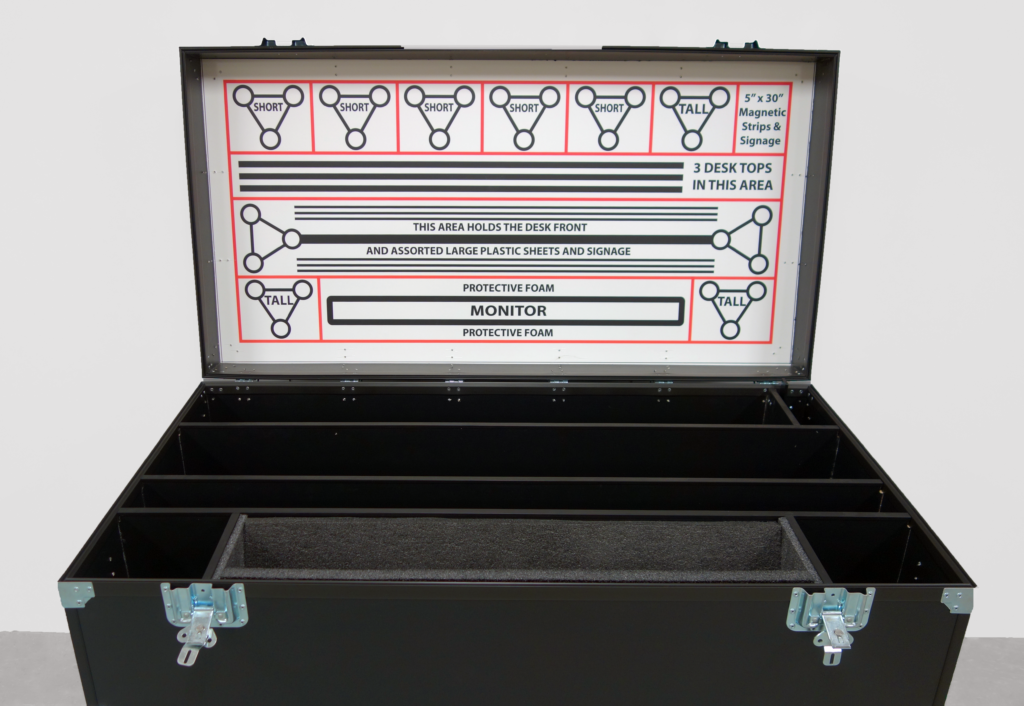 instructions for assemble of mobile carry case trunk for carrying a news interview desk off site for remote shoots.