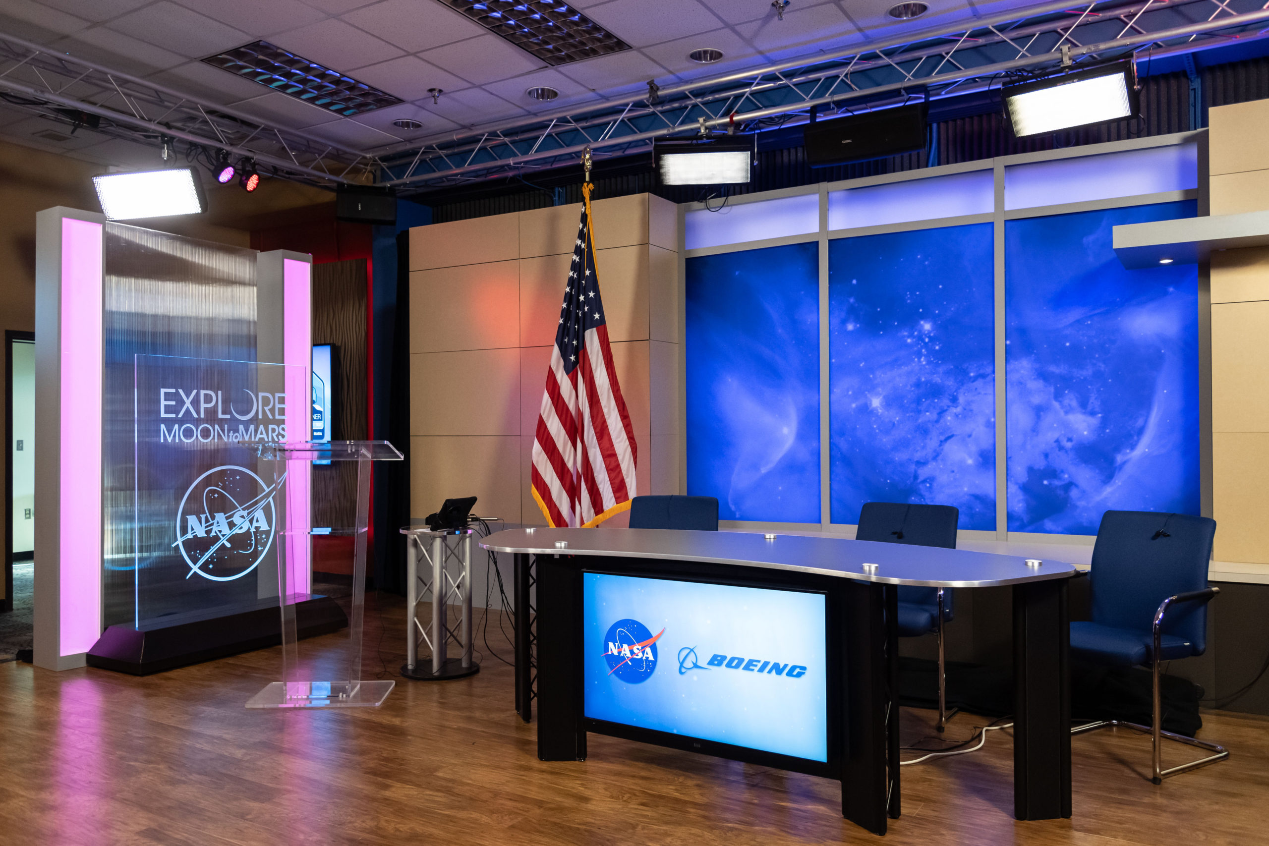 Boeing Starliner CST-100 Post Landing Press Conference with NASA Administrator, Jim Bridenstine, Senior Vice President of the Space and Launch division of Boeing Defense, Space & Security (BSD), Jim Chilton, and deputy manager of NASA's Commercial Crew Program, Steve Stich.  Photo Date: December 22, 2019.  Location: Building 2s - Studio B.  Photographer: Robert Markowitz