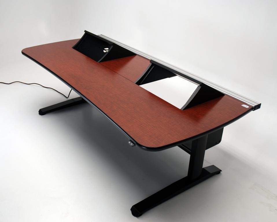 UNISET PRO-EDIT ergonomic control room console desk with dual monitor bridge and wood finish top