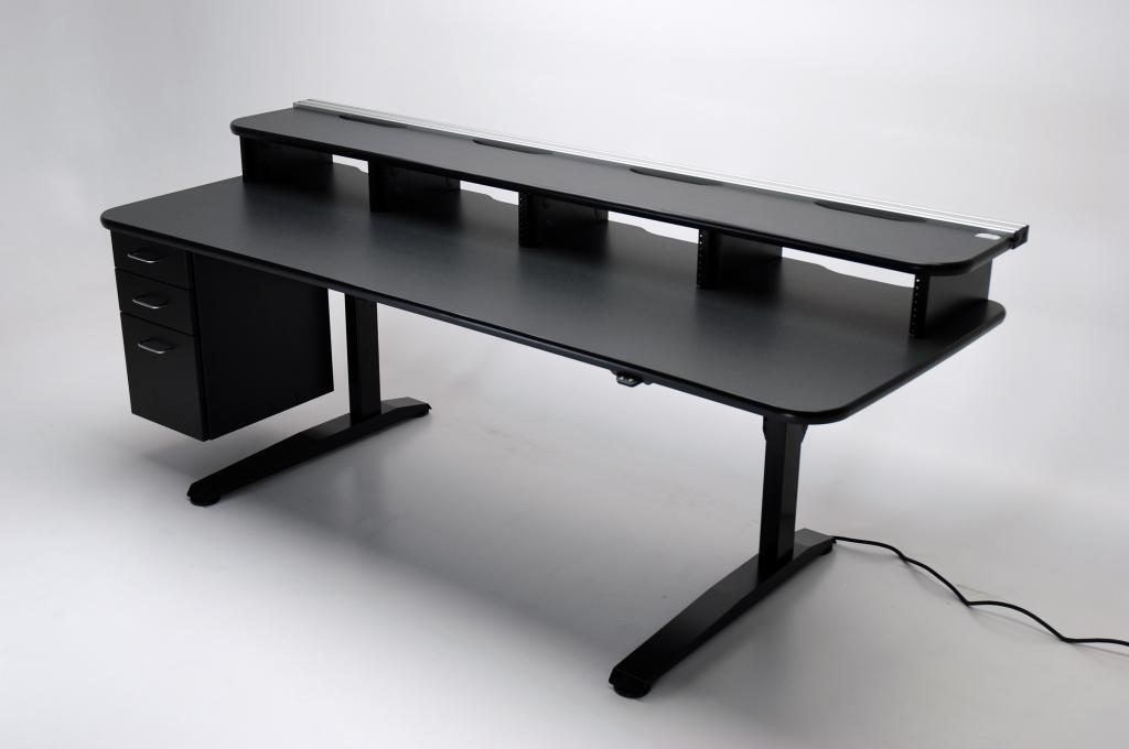 UNISET PRO-EDIT black ergonomic workstation desk with elevated monitor shelf for editing suites