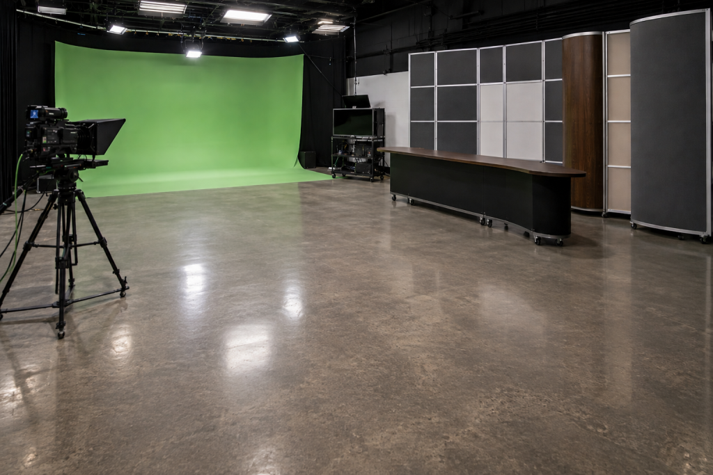 modular broadcast studio set with green screen cyclorama