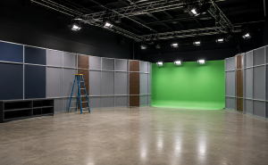 modular broadcast studio set with green screen cyclorama