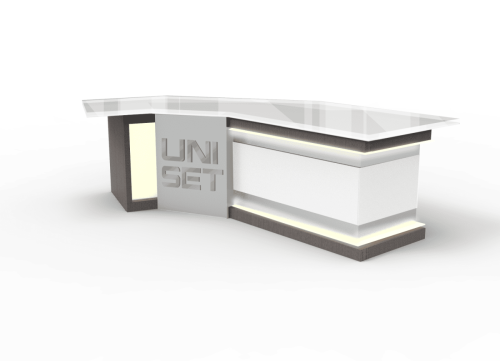 L shaped desk with logo